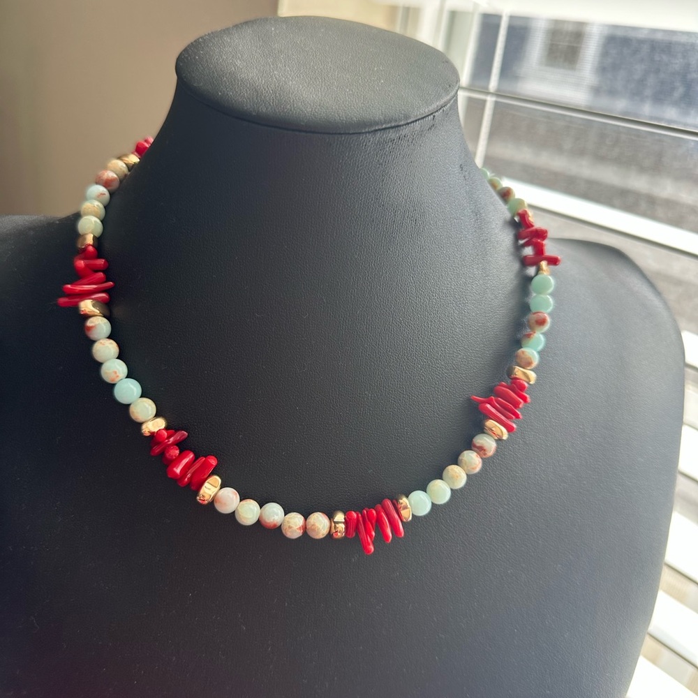 Unique necklace featuring Shoushan stone, irregular coral beads, and hematite.